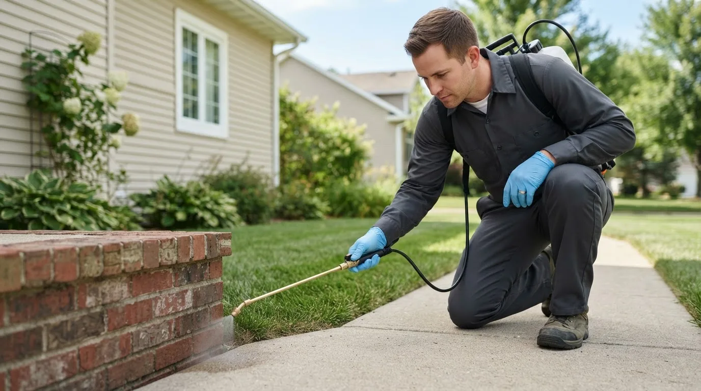Pest control technician treating a home near Kewanee, IL