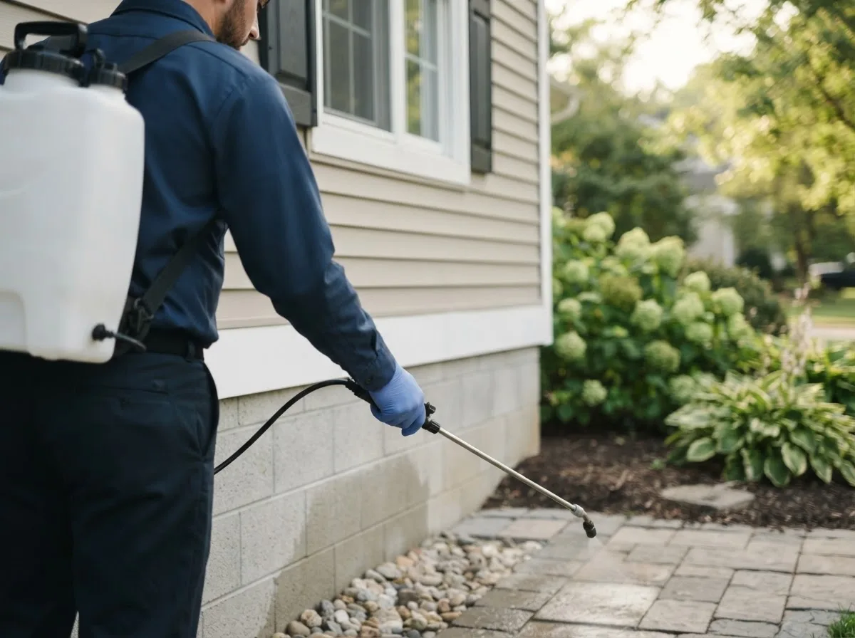 Pest control technician inspecting a home in Kewanee, IL